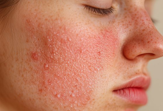 Nierzetelne i podrażnione wypryski na twarzy, problem trądziku i skóry wrażliwej.